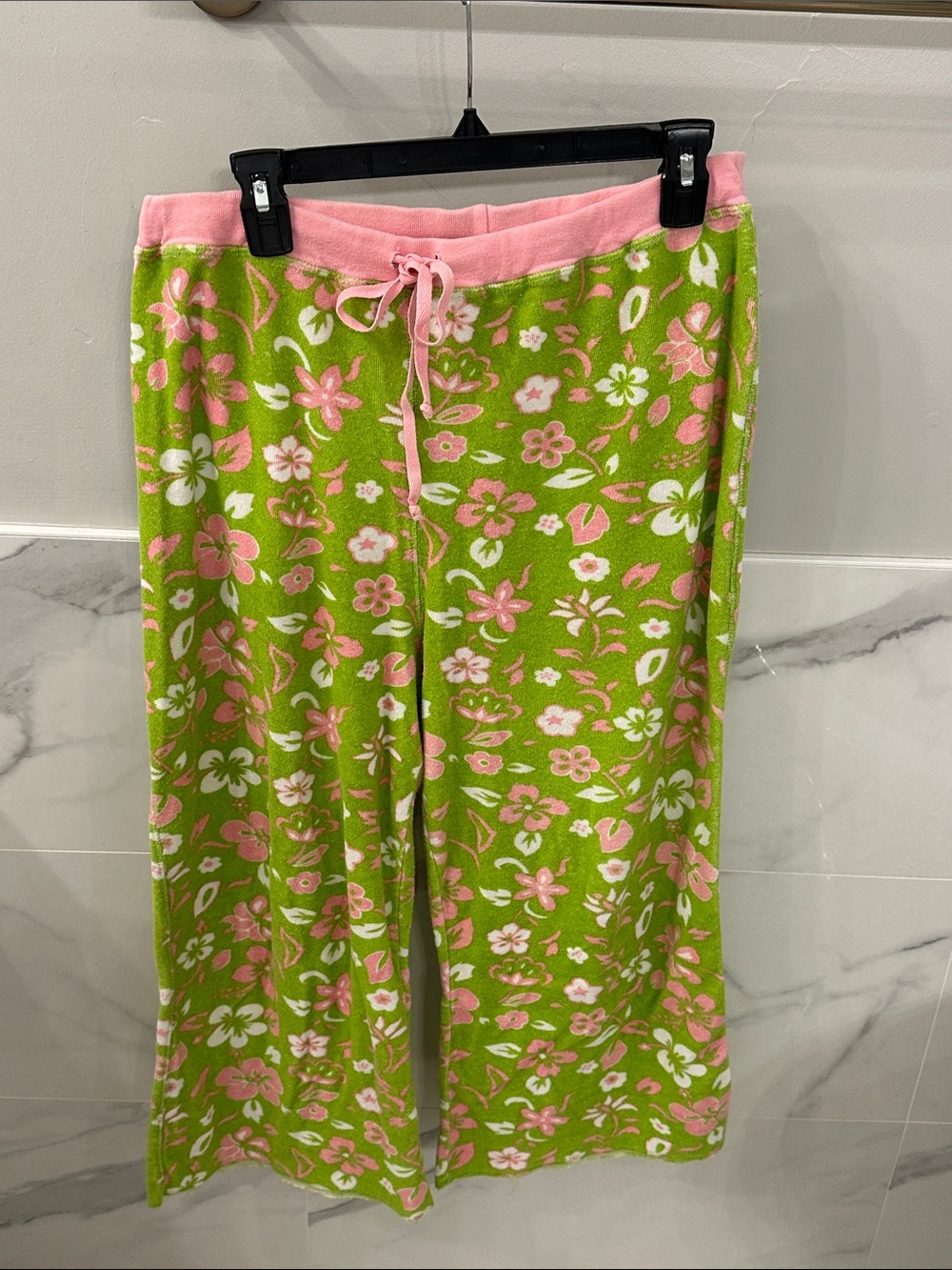 Allen Allen Lime Green and Pink Floral Terry Cloth Lounge Pants